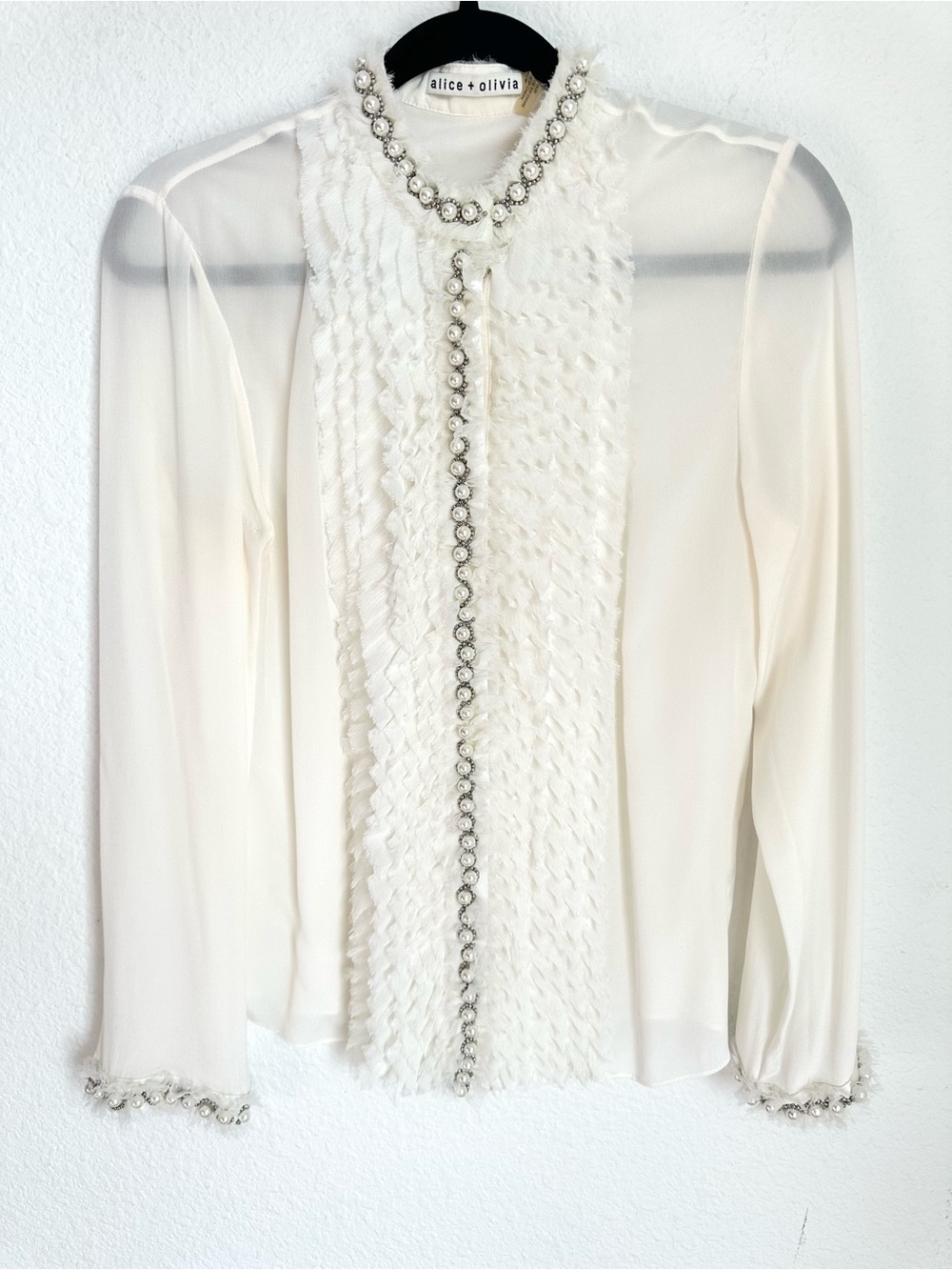 Alice and Olivia Arminda Ruffled Pearl Blouse pearl embellishments Medium Silk - Picture 6 of 17